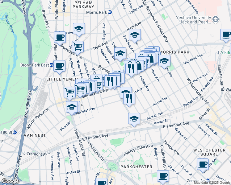 map of restaurants, bars, coffee shops, grocery stores, and more near 869 Morris Park Avenue in The Bronx