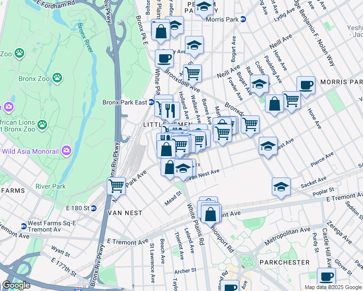 map of restaurants, bars, coffee shops, grocery stores, and more near 1841 Hunt Avenue in The Bronx