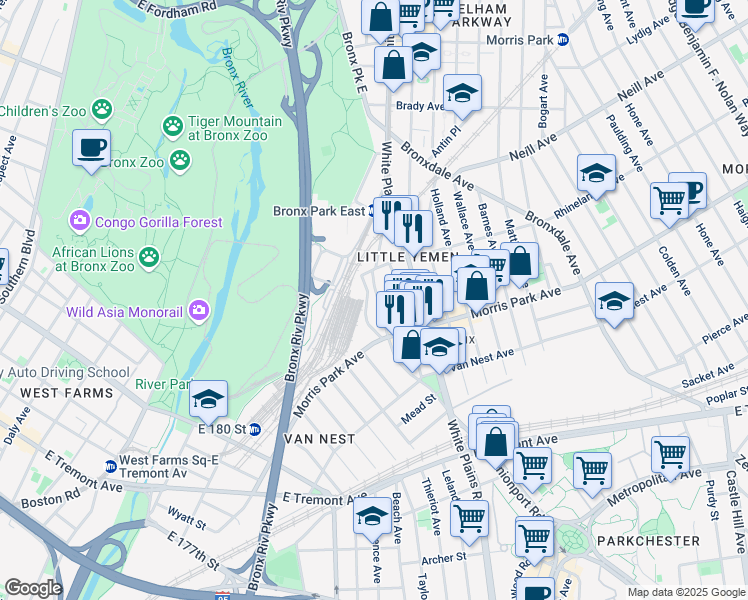 map of restaurants, bars, coffee shops, grocery stores, and more near 1861 Unionport Road in Bronx