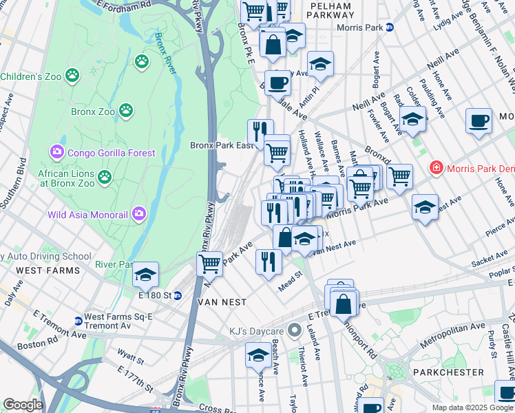 map of restaurants, bars, coffee shops, grocery stores, and more near 1861 Unionport Road in Bronx
