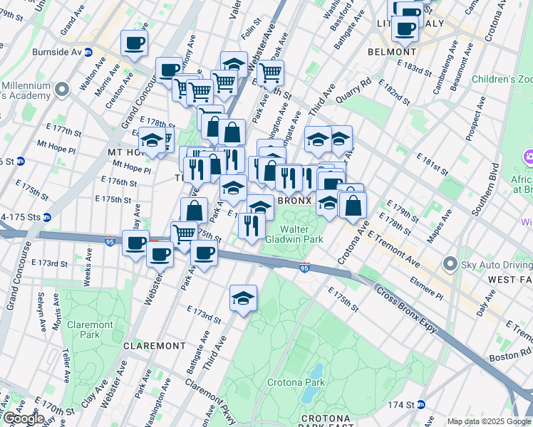 map of restaurants, bars, coffee shops, grocery stores, and more near in The Bronx