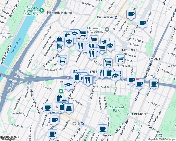 map of restaurants, bars, coffee shops, grocery stores, and more near 1705 Townsend Avenue in Bronx