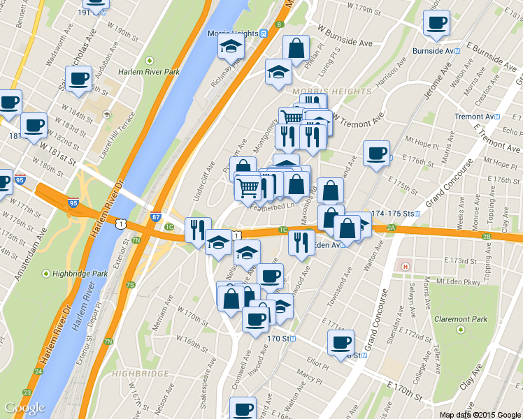 map of restaurants, bars, coffee shops, grocery stores, and more near 1605 Nelson Avenue in The Bronx