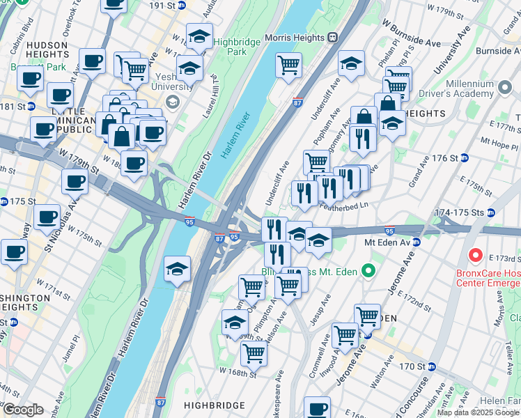 map of restaurants, bars, coffee shops, grocery stores, and more near 1514 Sedgwick Avenue in The Bronx