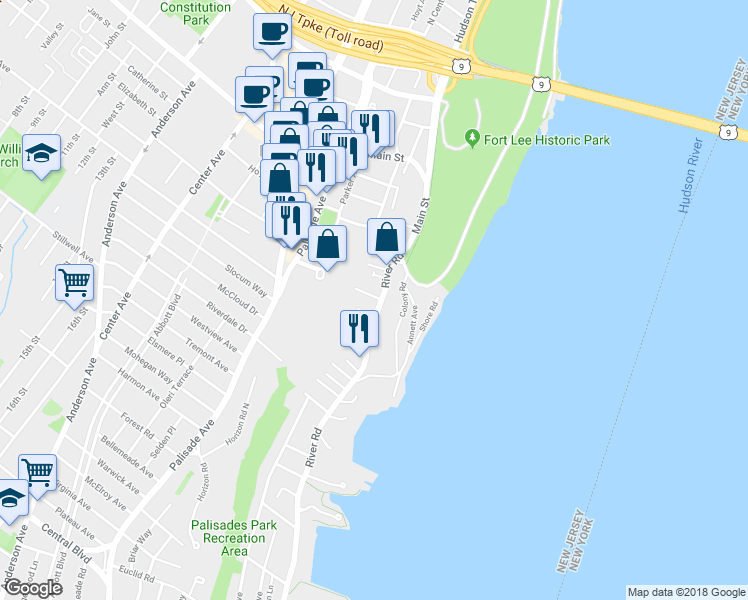 map of restaurants, bars, coffee shops, grocery stores, and more near 1538 River Road in Edgewater
