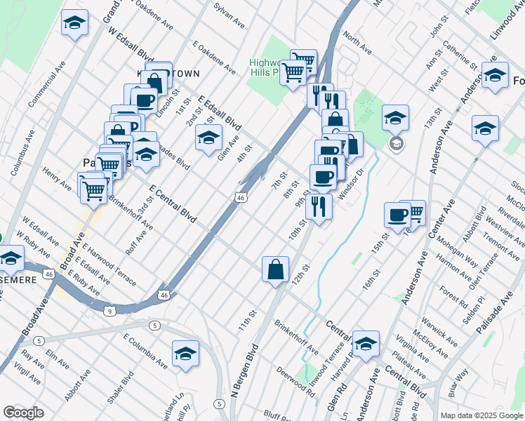 map of restaurants, bars, coffee shops, grocery stores, and more near 421 7th Street in Palisades Park