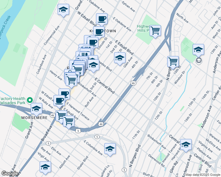 map of restaurants, bars, coffee shops, grocery stores, and more near 309A Glen Avenue in Palisades Park