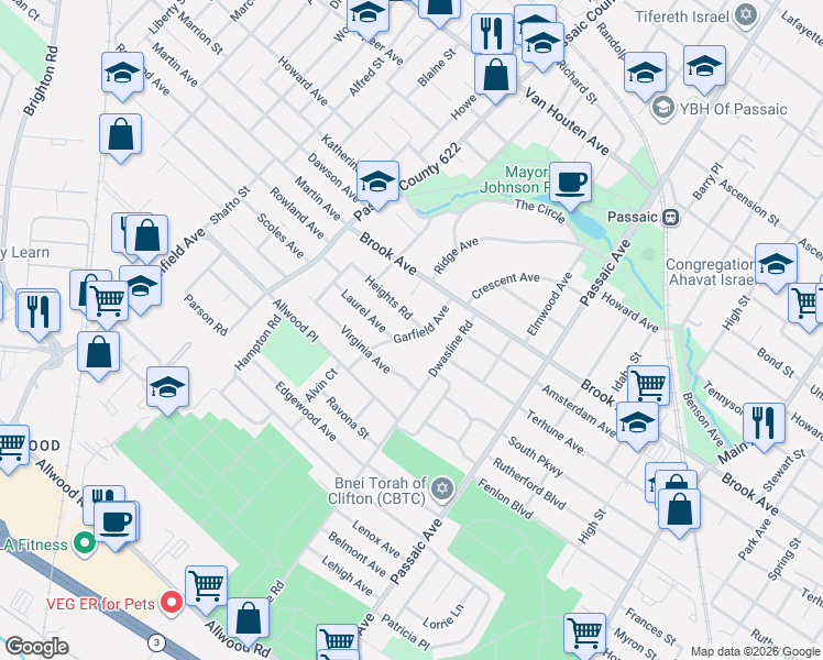 map of restaurants, bars, coffee shops, grocery stores, and more near 14 Heights Road in Clifton