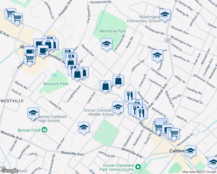 map of restaurants, bars, coffee shops, grocery stores, and more near 551 County Road 506 in West Caldwell