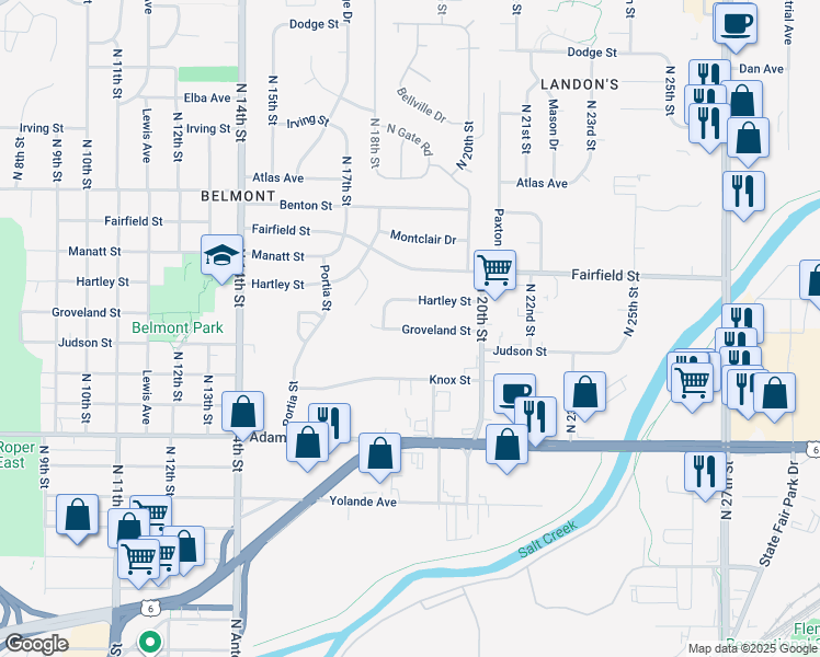 map of restaurants, bars, coffee shops, grocery stores, and more near 1831 Hartley Street in Lincoln