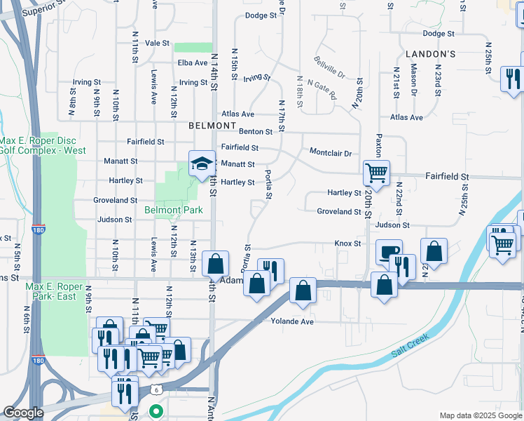 map of restaurants, bars, coffee shops, grocery stores, and more near 3526 Portia Street in Lincoln