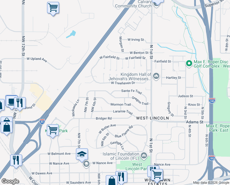 map of restaurants, bars, coffee shops, grocery stores, and more near 430 Sante Fe Trail in Lincoln