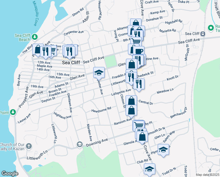 map of restaurants, bars, coffee shops, grocery stores, and more near 44 Littleworth Lane in Sea Cliff