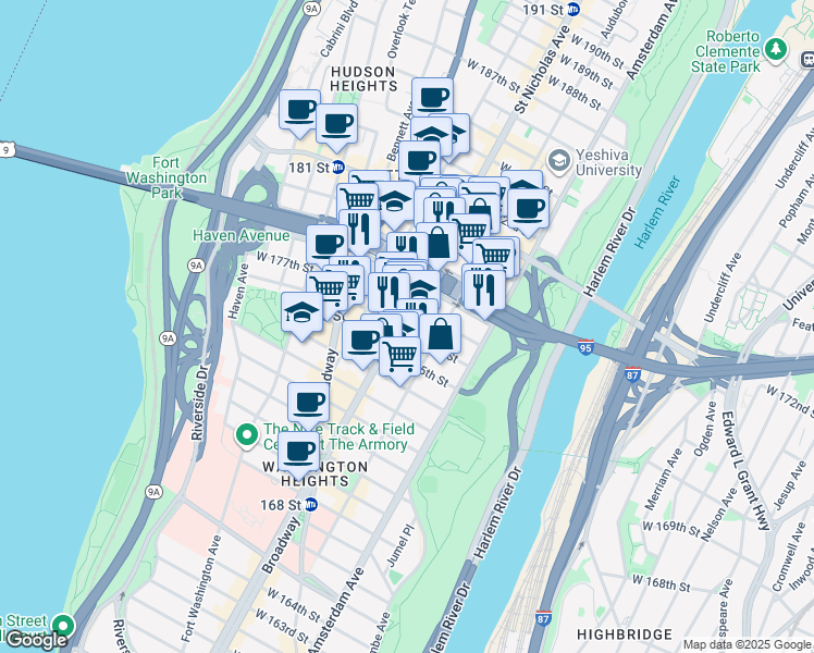 map of restaurants, bars, coffee shops, grocery stores, and more near 585 West 177th Street in New York