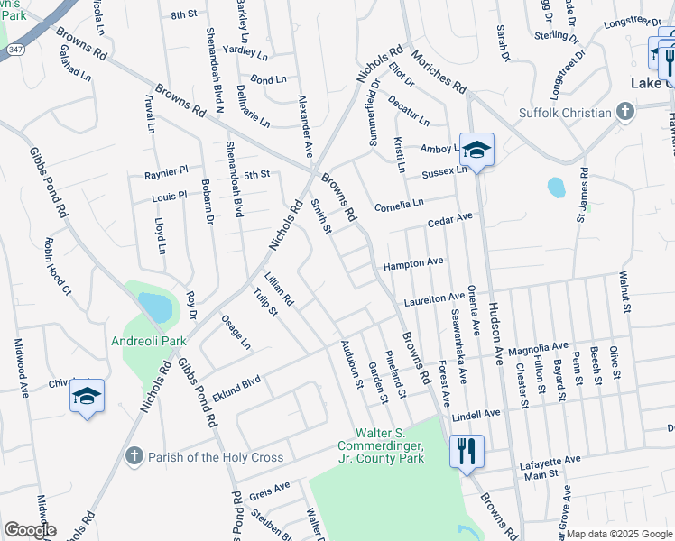map of restaurants, bars, coffee shops, grocery stores, and more near 42 Smith Street in Nesconset