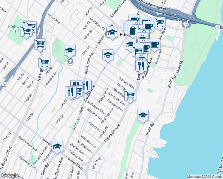 map of restaurants, bars, coffee shops, grocery stores, and more near 1445 Abbott Boulevard in Fort Lee