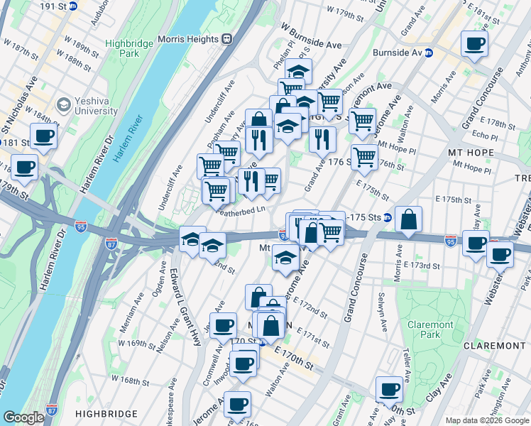 map of restaurants, bars, coffee shops, grocery stores, and more near 1601 Macombs Road in Bronx