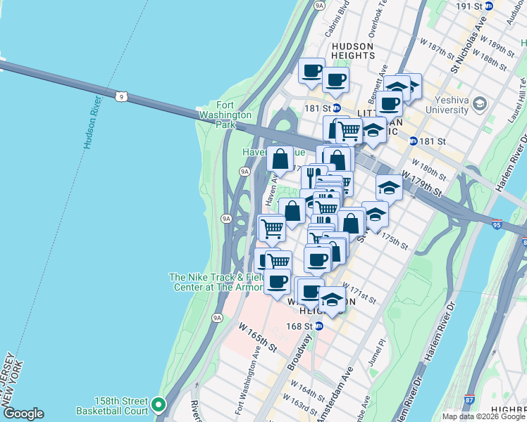 map of restaurants, bars, coffee shops, grocery stores, and more near 152 Haven Avenue in New York
