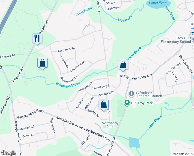 map of restaurants, bars, coffee shops, grocery stores, and more near 10 Normandy Drive in Parsippany-Troy Hills