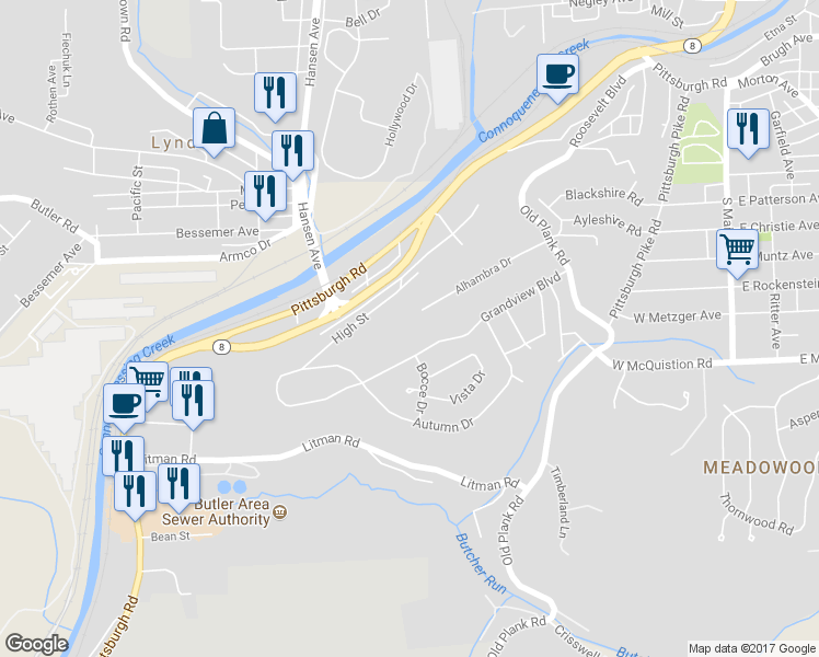 map of restaurants, bars, coffee shops, grocery stores, and more near 138 Alhambra Drive in Butler