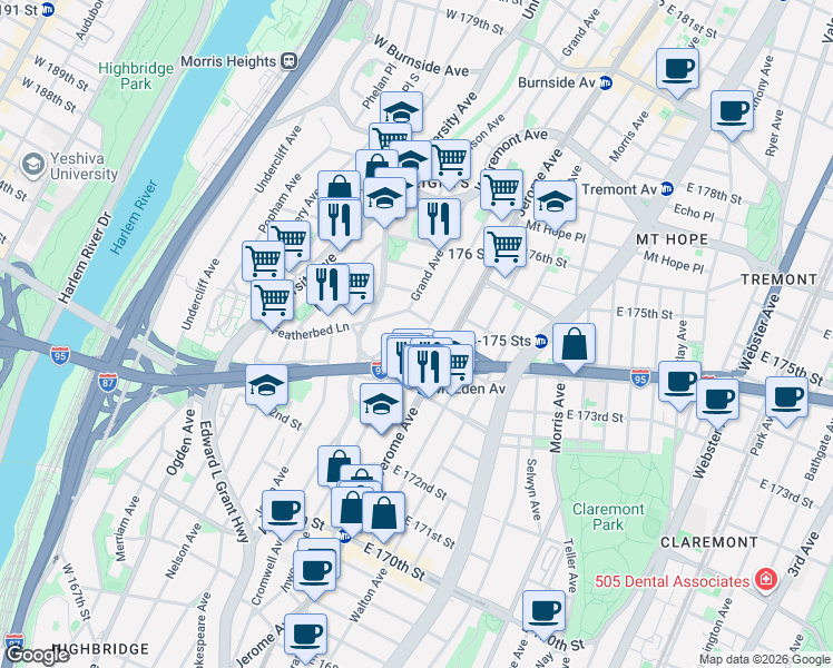 map of restaurants, bars, coffee shops, grocery stores, and more near 1630 Grand Avenue in Bronx