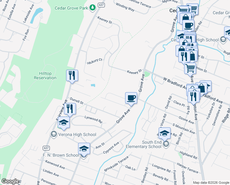 map of restaurants, bars, coffee shops, grocery stores, and more near 16 Laurel Court in Verona