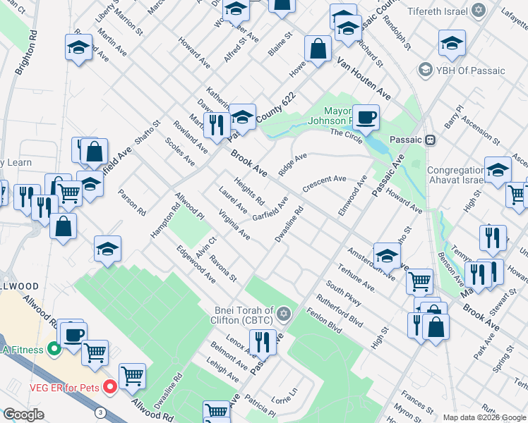 map of restaurants, bars, coffee shops, grocery stores, and more near 14 Heights Road in Clifton