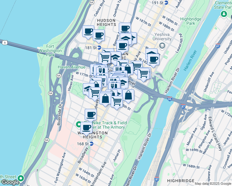 map of restaurants, bars, coffee shops, grocery stores, and more near Saint Nicholas Avenue & West 176th Street in New York