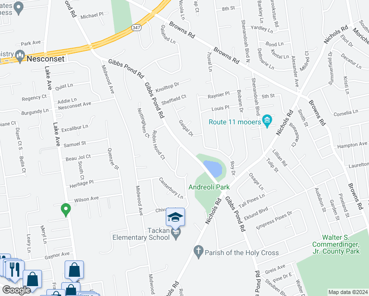 map of restaurants, bars, coffee shops, grocery stores, and more near 214 Gibbs Pond Road in Nesconset