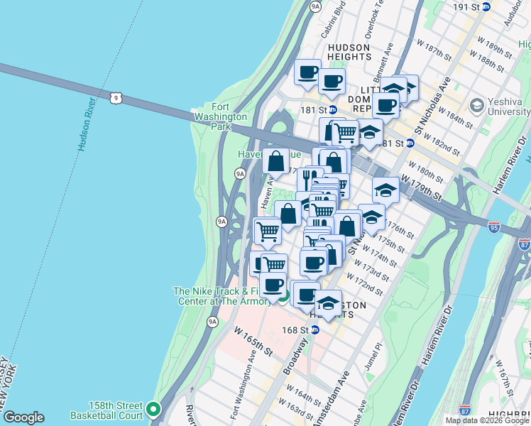 map of restaurants, bars, coffee shops, grocery stores, and more near 736 West 173rd Street in New York