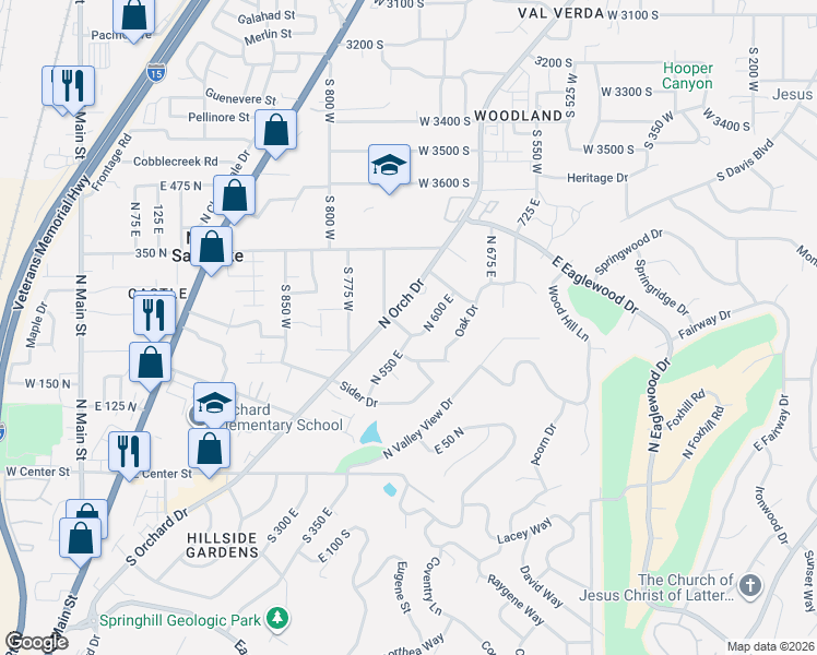 map of restaurants, bars, coffee shops, grocery stores, and more near 557 East Oakleaf Lane North in North Salt Lake