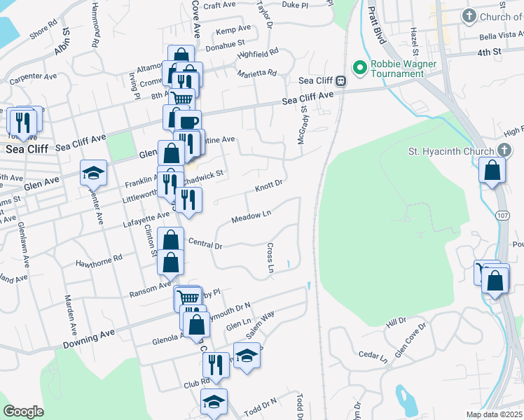 map of restaurants, bars, coffee shops, grocery stores, and more near 22 Meadow Lane in Glen Head