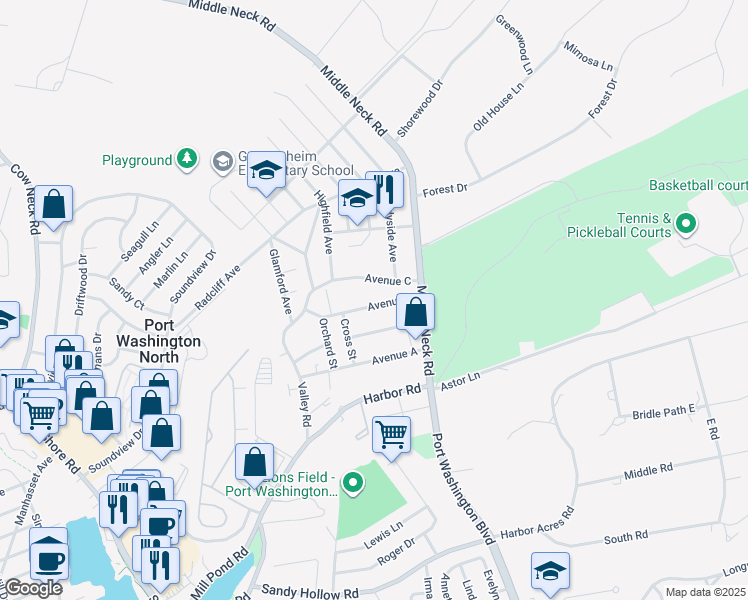 map of restaurants, bars, coffee shops, grocery stores, and more near 111 Avenue C in Port Washington