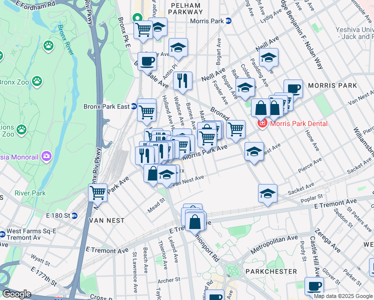 map of restaurants, bars, coffee shops, grocery stores, and more near 1830 Holland Avenue in The Bronx