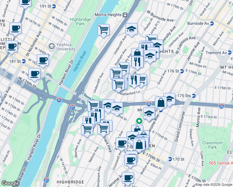 map of restaurants, bars, coffee shops, grocery stores, and more near 1540 Plimpton Avenue in The Bronx