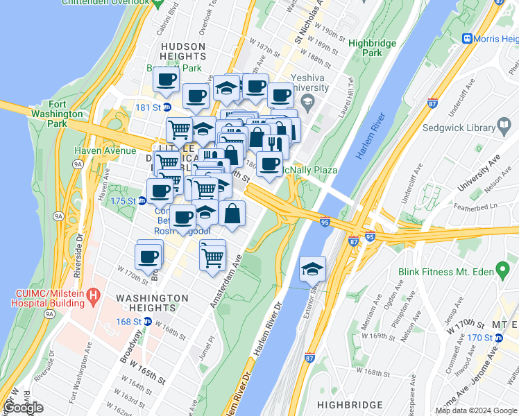 map of restaurants, bars, coffee shops, grocery stores, and more near 2376 Amsterdam Avenue in New York