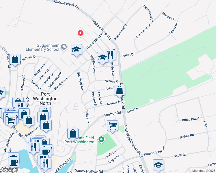 map of restaurants, bars, coffee shops, grocery stores, and more near 37 Avenue B in Port Washington