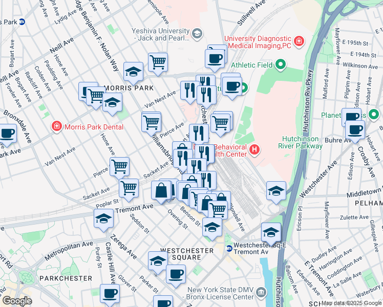 map of restaurants, bars, coffee shops, grocery stores, and more near 1625 Blondell Avenue in Bronx