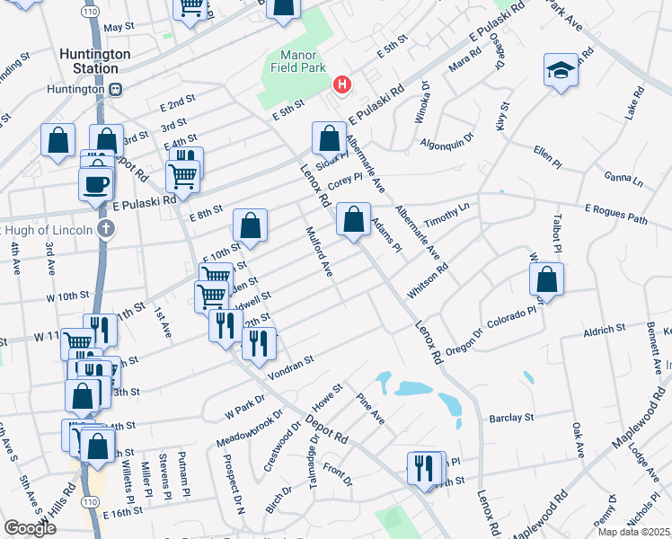 map of restaurants, bars, coffee shops, grocery stores, and more near 54 Caldwell Street in Huntington Station