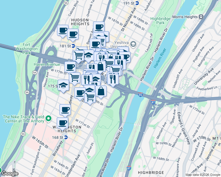map of restaurants, bars, coffee shops, grocery stores, and more near 534W West 178th Street in New York