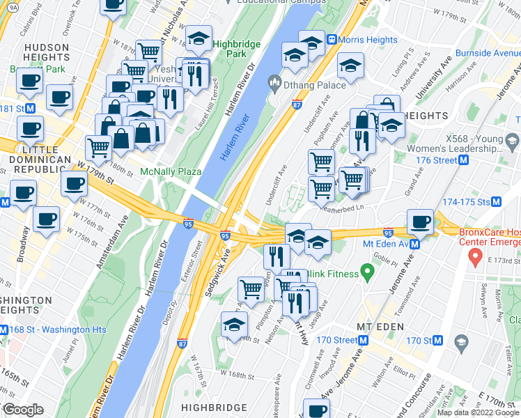 map of restaurants, bars, coffee shops, grocery stores, and more near 1501 Undercliff Avenue in Bronx