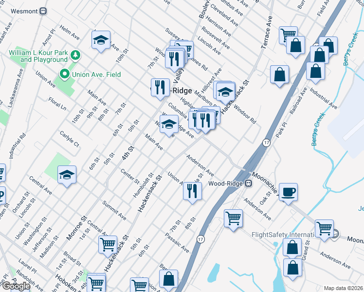map of restaurants, bars, coffee shops, grocery stores, and more near 486 North Avenue in Wood-Ridge