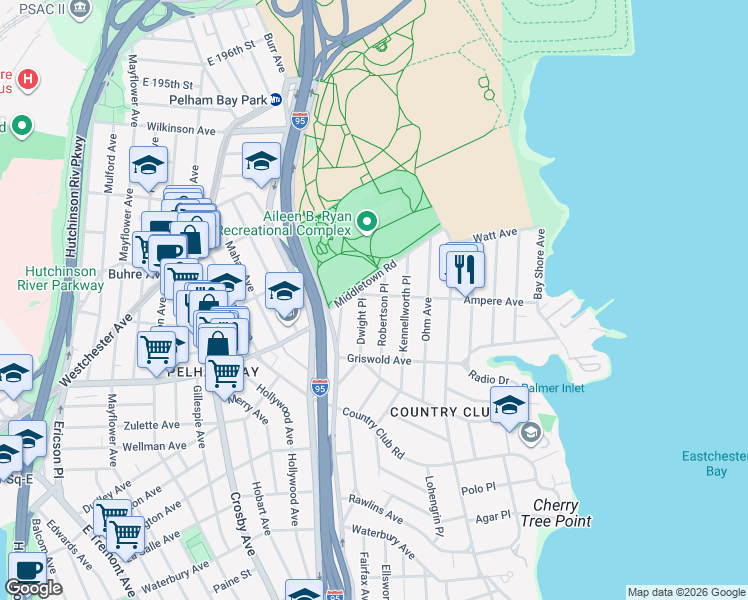map of restaurants, bars, coffee shops, grocery stores, and more near 1602 Dwight Place in Bronx