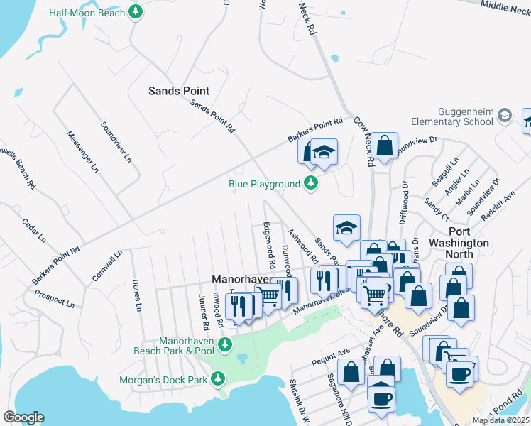 map of restaurants, bars, coffee shops, grocery stores, and more near 78 Ashwood Road in Port Washington