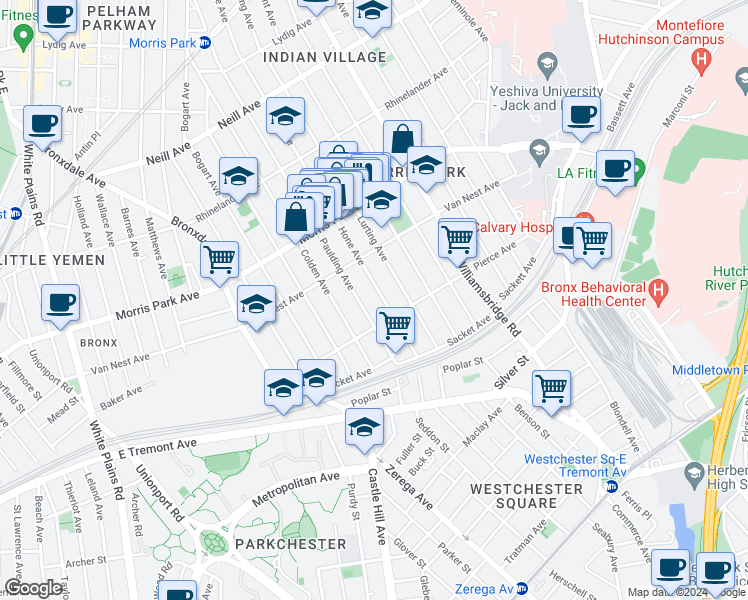 map of restaurants, bars, coffee shops, grocery stores, and more near 1628 Hone Avenue in Bronx