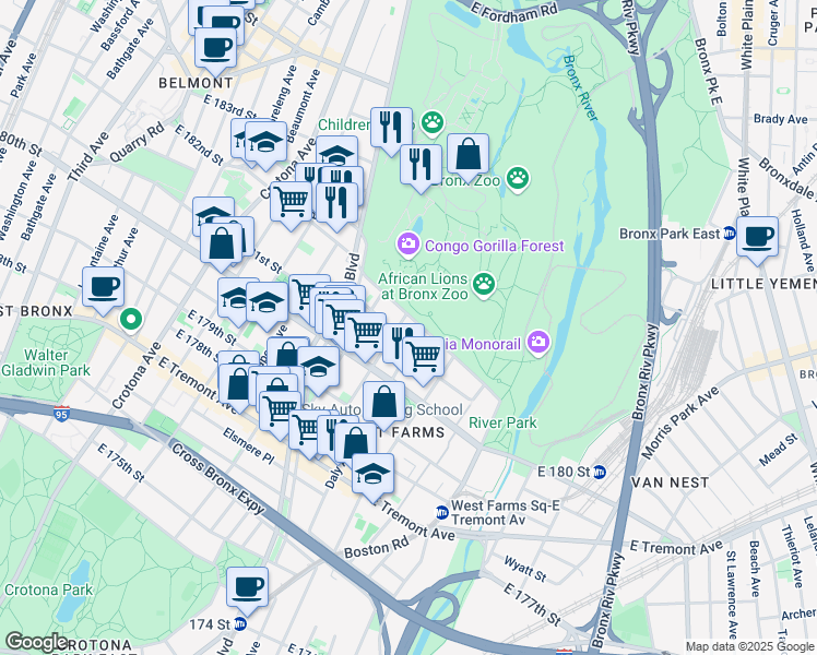 map of restaurants, bars, coffee shops, grocery stores, and more near 900 Bronx Park South in Bronx