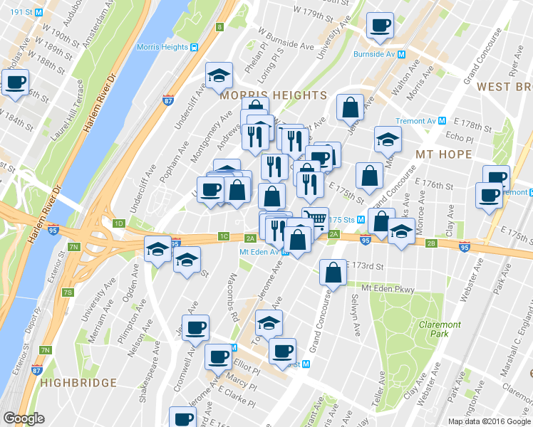 map of restaurants, bars, coffee shops, grocery stores, and more near 1630 Grand Avenue in Bronx