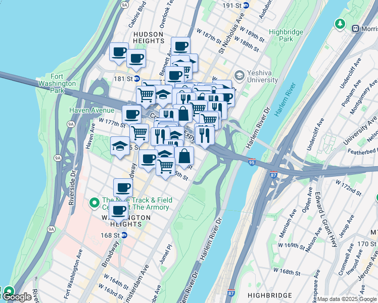 map of restaurants, bars, coffee shops, grocery stores, and more near 534W West 178th Street in New York