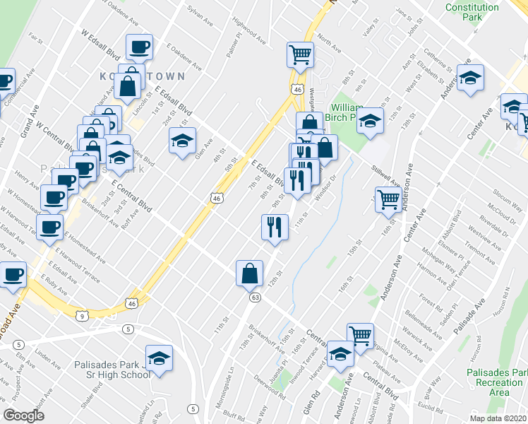 map of restaurants, bars, coffee shops, grocery stores, and more near 438A 8th Street in Palisades Park