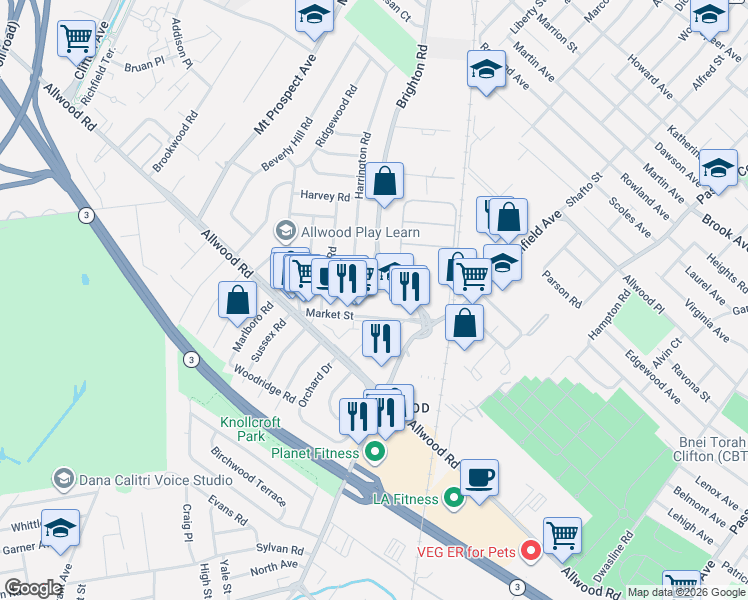 map of restaurants, bars, coffee shops, grocery stores, and more near 21 Morris Road in Clifton